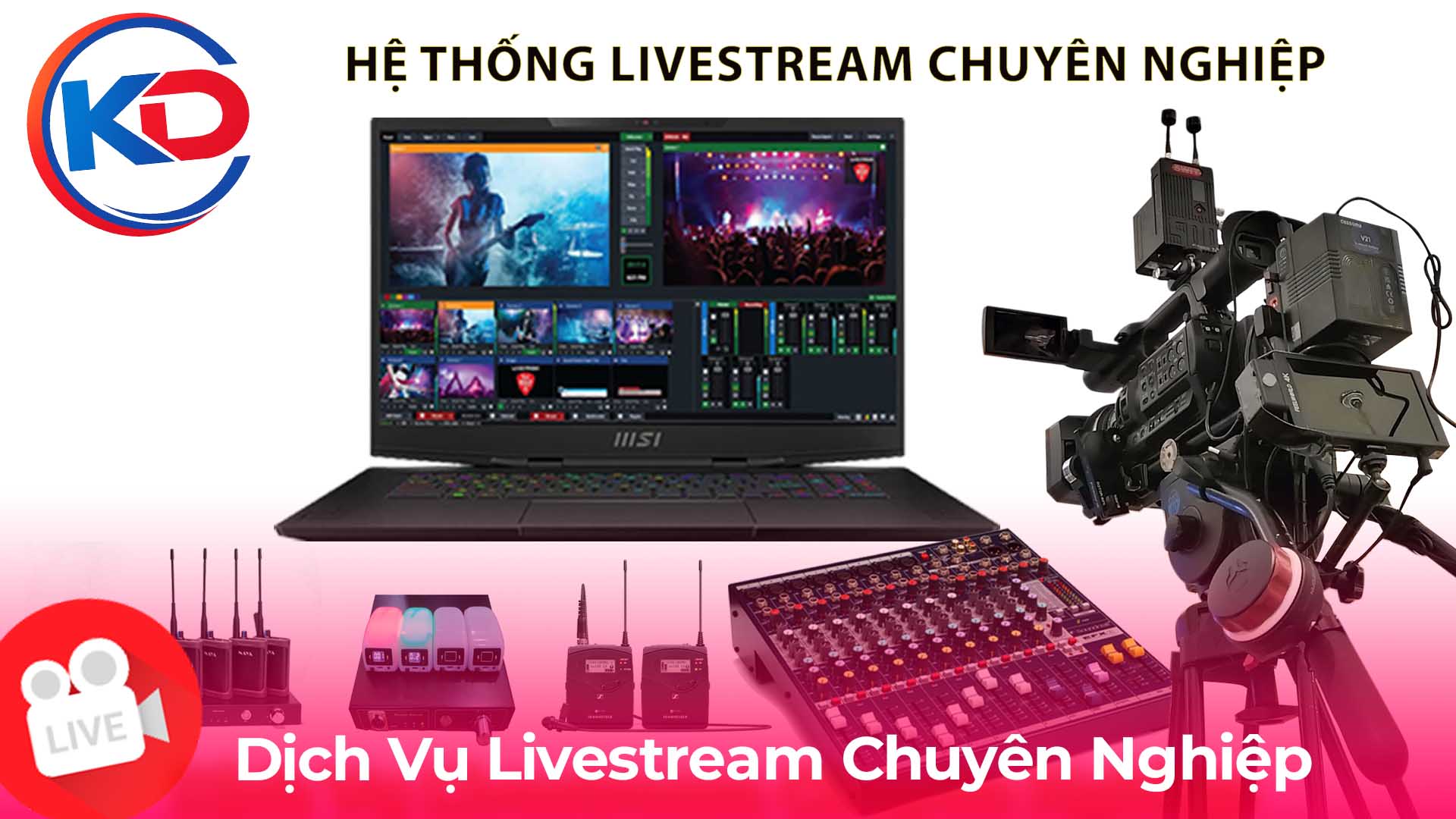 Hệ thống thiết bị livestream gồm camera, mixer và màn hình đa góc