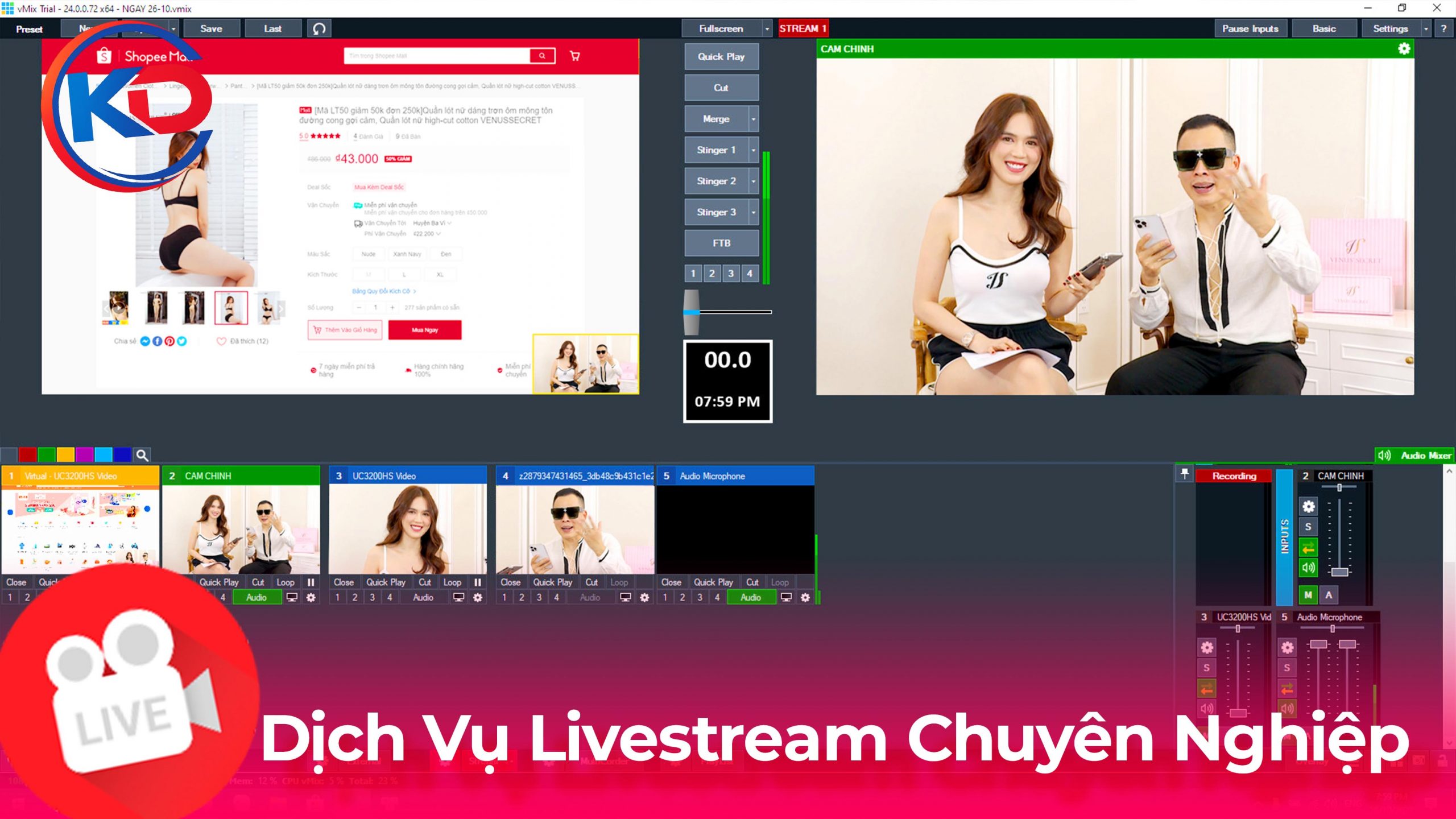 Livestream bán hàng chuyên nghiệp với vMix, quay đa góc, hiển thị sản phẩm trực tiếp từ Shopee. Ekip kỹ thuật hỗ trợ full buổi, tối ưu chốt đơn.